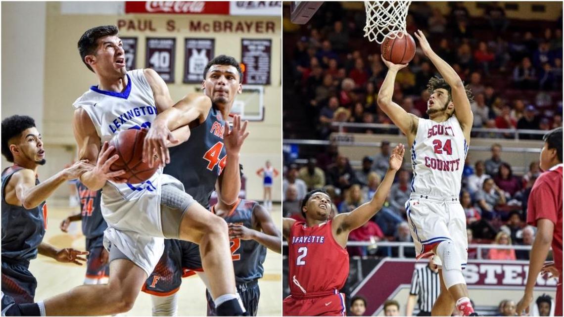 Lexington Christian Academy and Scott County will play in the 11th Region championship on March 5, 2018. Kyle Rode (left in white) and Michael Moreno (right in white) are junior stars for their respective teams.