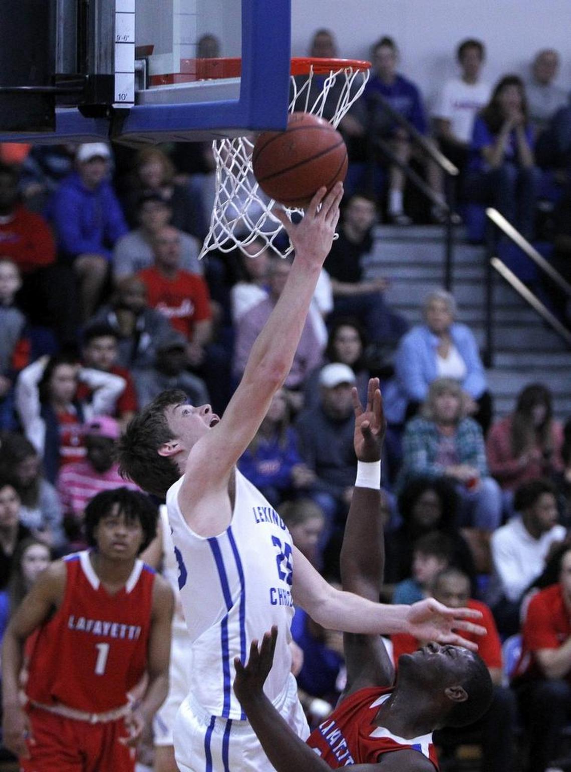 Lexington Christian's Austin Hall shot against Lafayette during the boys' 43rd district championship at Lexington Christian.