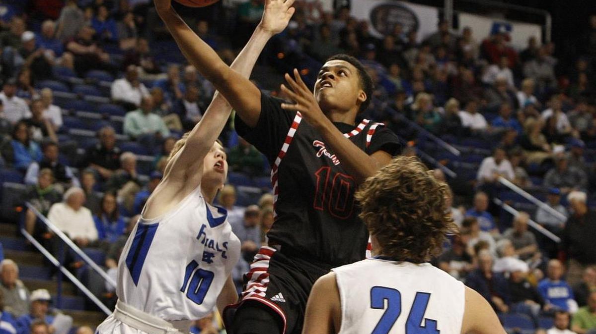 Taylor County's David Sloan shoots against Mason Co. in game 7 of the Whitaker Bank/KHSAA Sweet 16 boys' state basketball championship in Lexington, Ky., Thursday, March 16, 2016.
