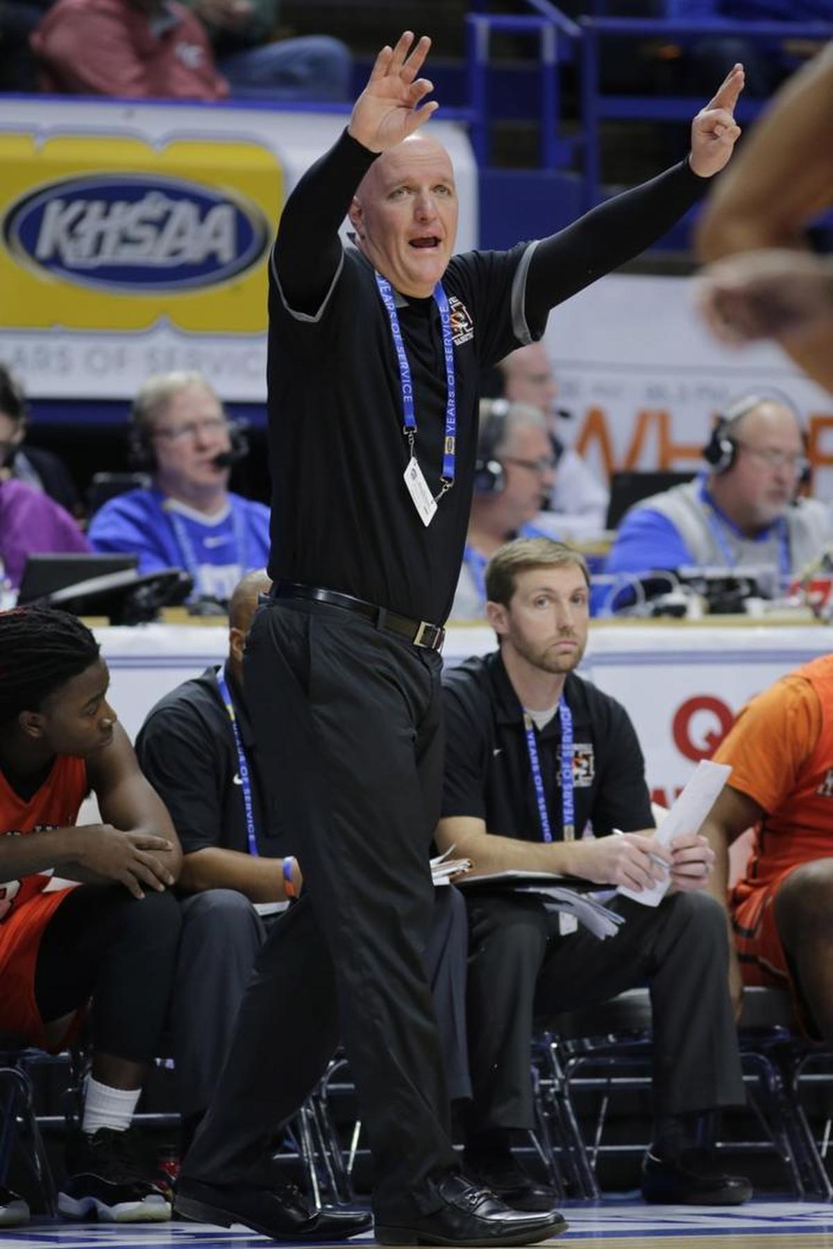 Hopkinsville Coach Tim Haworth instructed his players in the second quarter of the Fern Creek-Hopkinsville first-round game of the Boys’ Sweet Sixteen at Rupp Arena in Lexington, Ky, on March 16, 2017.