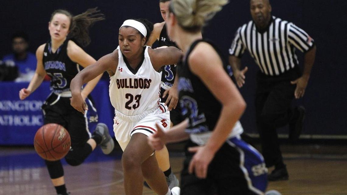Paul Laurence Dunbar's Mashayla Cecil dribbles against Simon Kenton in the Traditional Bank Holiday Classic in the Bueter Gymnasium in Lexington, Ky., Tuesday, December 19, 2017.