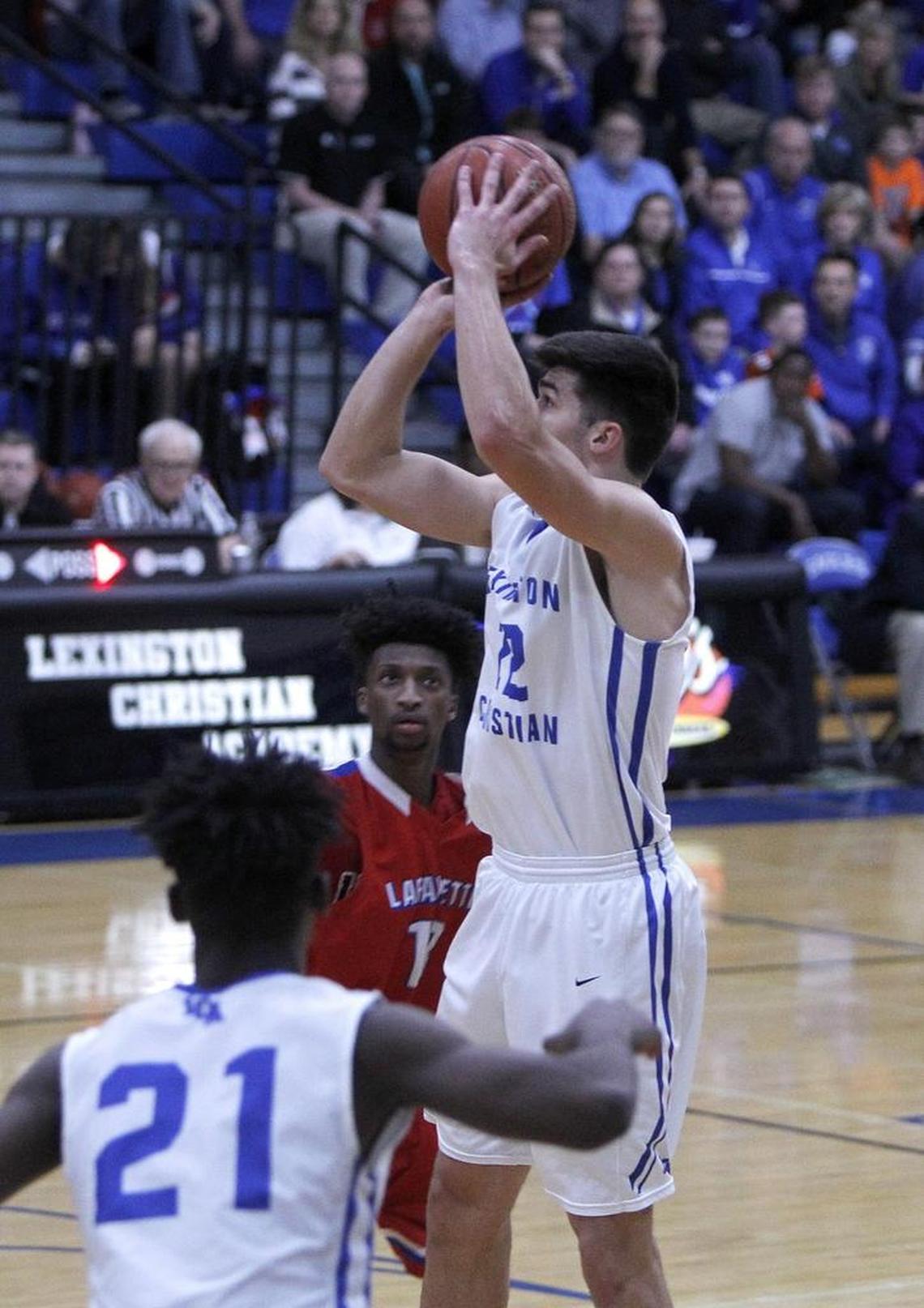 Lexington Christian's Kyle Rode shot against Lafayette during the boys' 43rd district championship at Lexington Christian.