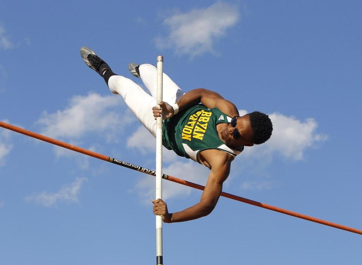 Bryan Station pole vaulter Jordan Hampton warms up prior to competing at the Fayette Co. Track and Field Championships at Ishmael Stadium in Lexington, Ky., Tuesday, May 2, 2017.