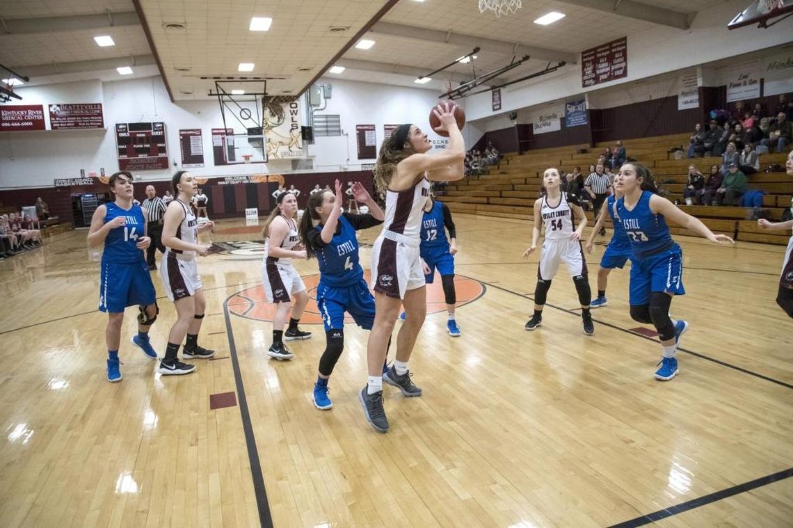 Owsley County’s Macie Gibson puts up two of her 45 points Tuesday, January 30, 2018, during the Owls’ 65-59 overtime win against Estill County at the Owsley County High School in Booneville, Ky. The state’s leading scorer and rebounder also had 20 rebounds.