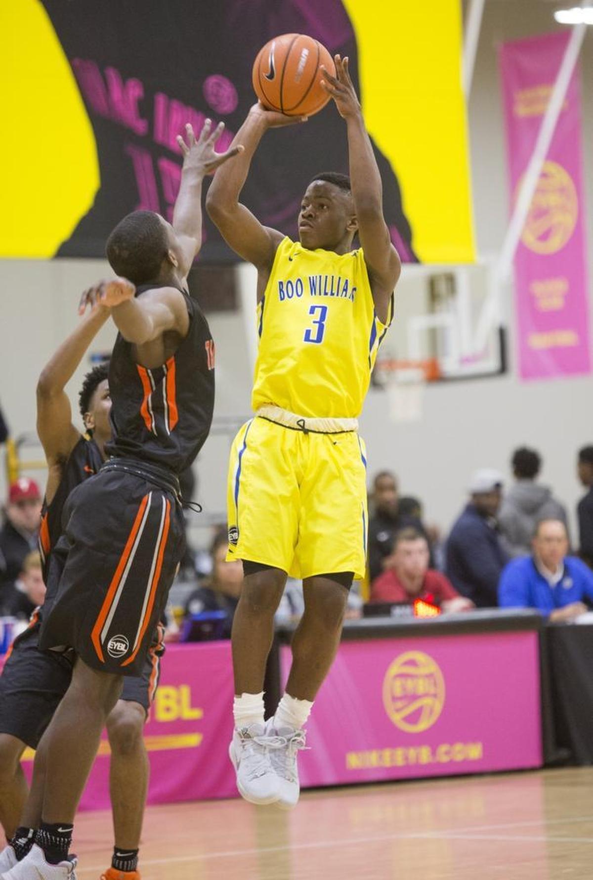 Zion Harmon, wearing number 3, competes in Nike's Elite Youth Basketball League in Indianapolis Friday, April 28, 2017. Harmon played for Boo Williams 17U.