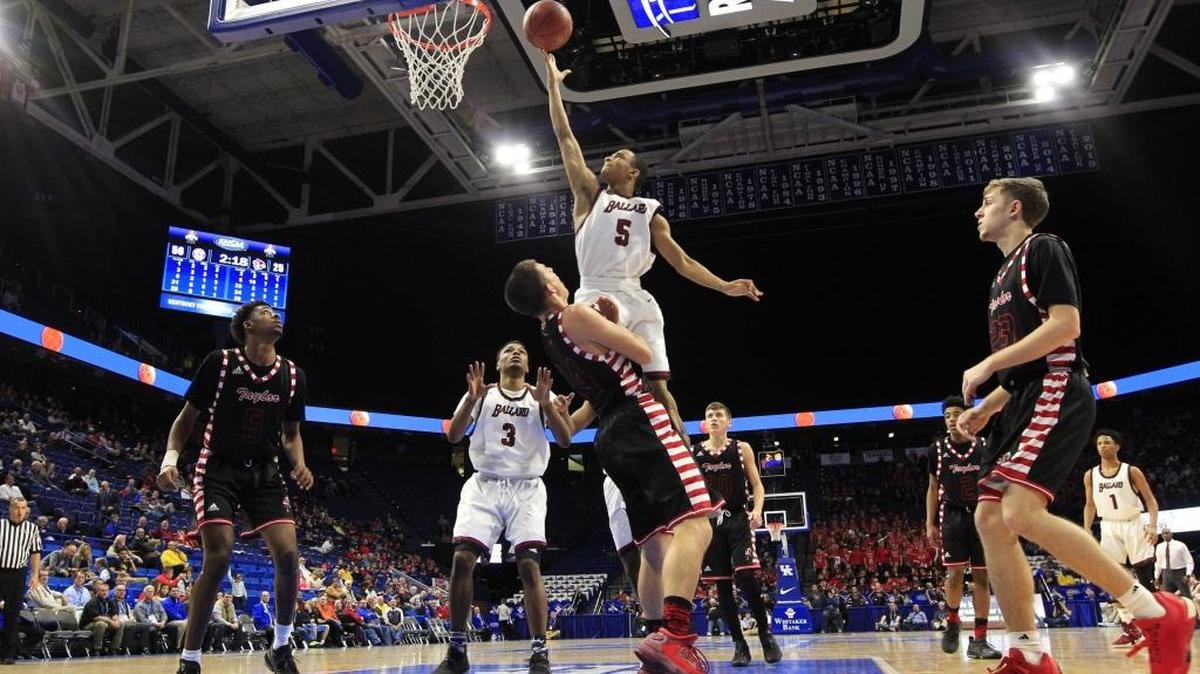 Ballard's Tyron Duncan (5) scored in the third quarter of the Ballard vs. Taylor Co. first round game of the Boy's Sweet Sixteen basketball tournament at Rupp Arena in Lexington, Ky, on March 16, 2017.
