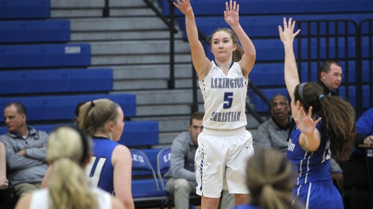 Lexington Christian Academy's Bethany Selby shoots a 3-pointer against Lexington Catholic at LCA gymnasium in Lexington, Ky., Friday, February 3, 2017.