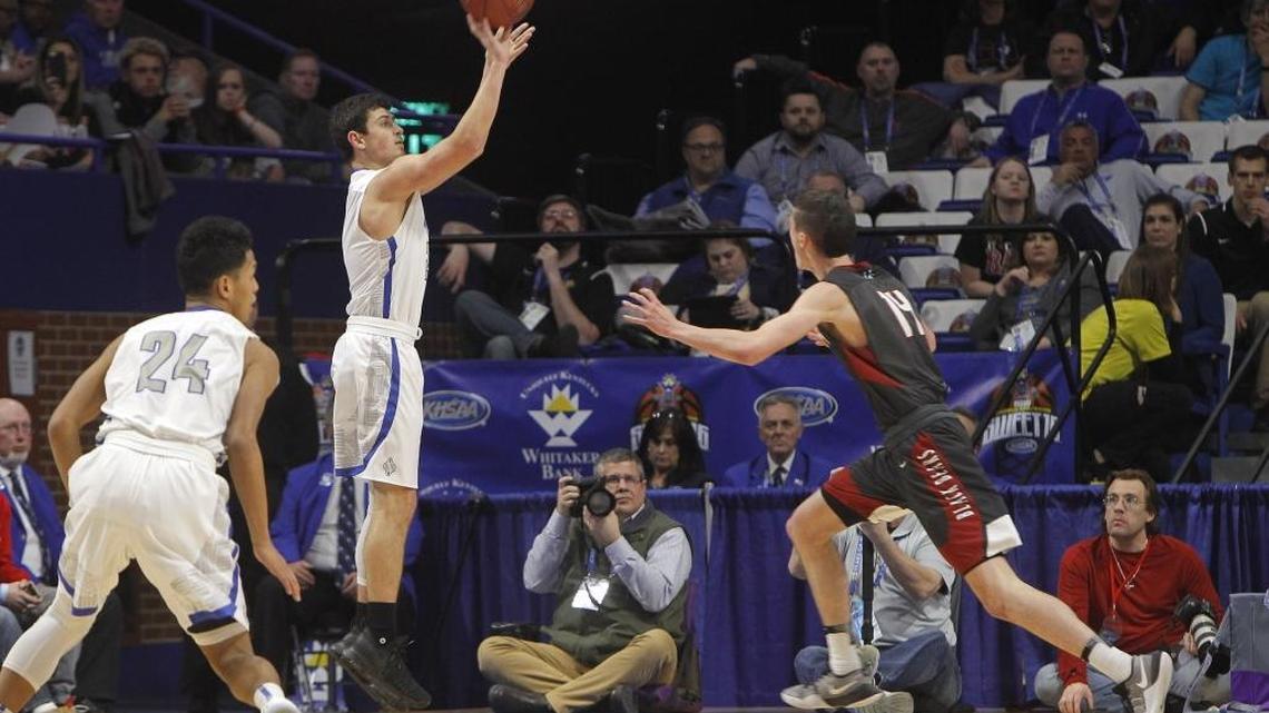 Scott’s Jake Ohmer shoots a 3-pointer against Harlan during the first round of the Whitaker Bank/KHSAA Boys’ Sweet 16 at Rupp Arena in Lexington, Ky., Wednesday, March 15, 2017.