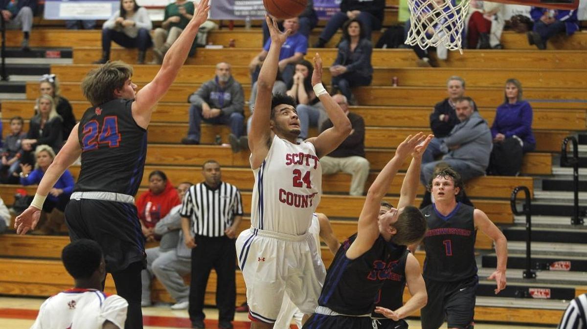 Scott County's Michael Moreno shot against Southwestern during the Jock Sutherland Classic at Lafayette High School in Lexington, Ky., Saturday, February 4, 2017.