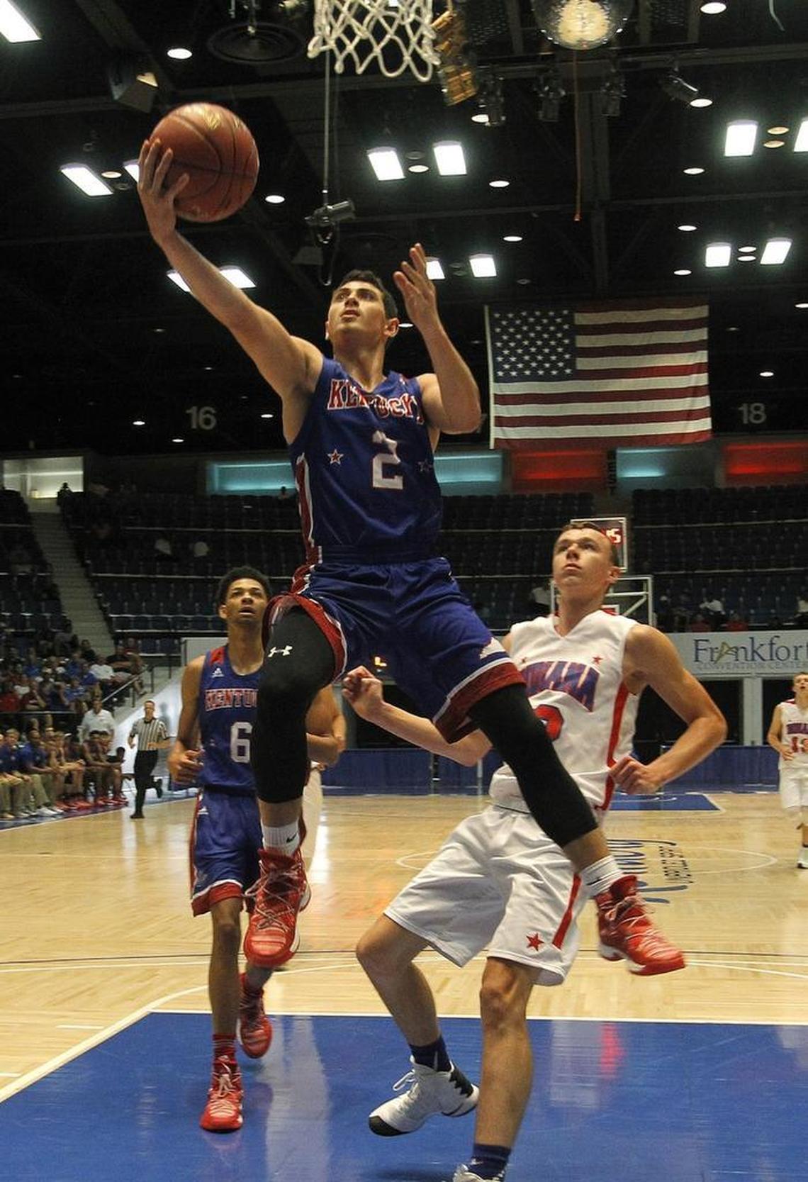 Kentucky's Jake Ohmer shoots against Indiana in the Kentucky-Indiana All-Stars boys' game at Frankfort Convention Center in Frankfort, Ky., Sunday, June 11, 2017.