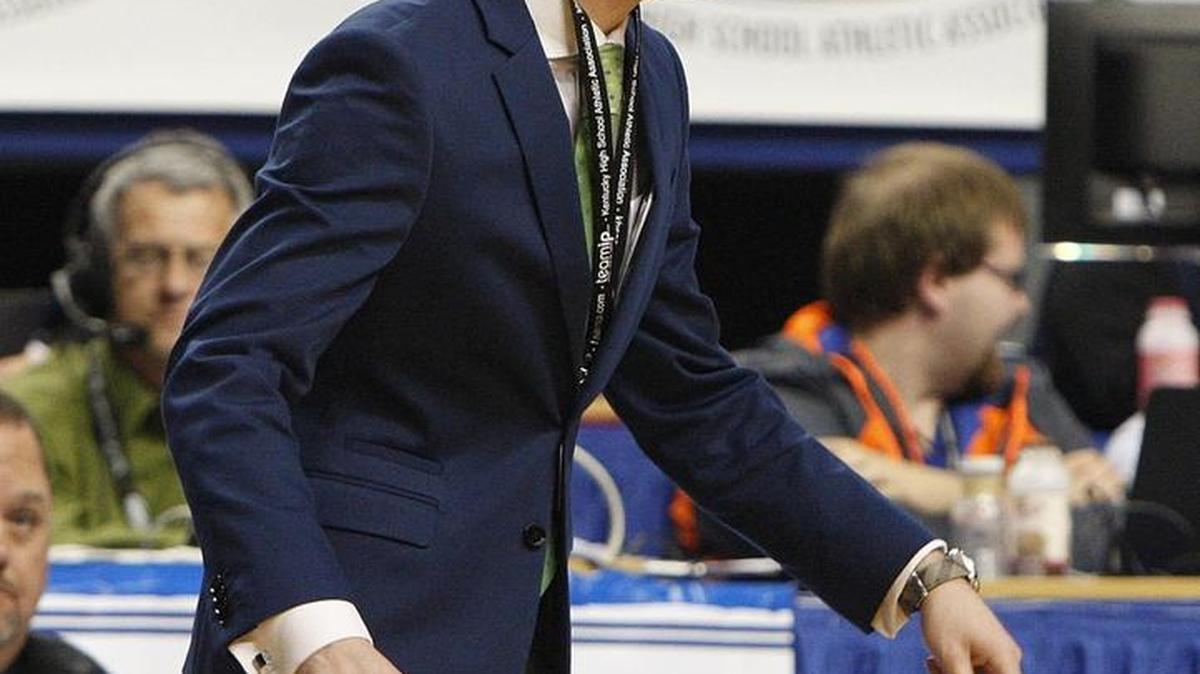 Taylor County coach Rich Gatewood against Mason Co. in game 7 of the Whitaker Bank/KHSAA Sweet 16 boys' state basketball championship in Lexington, Ky., Thursday, March 16, 2016.