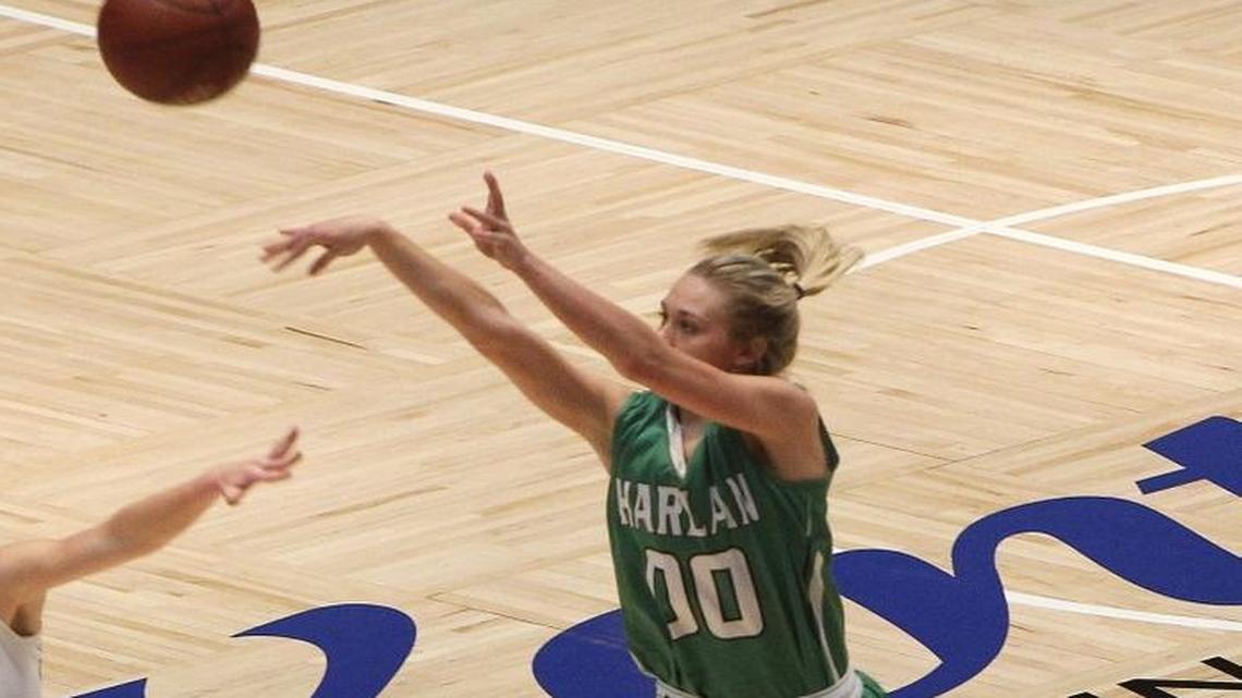 Harlan's Jordan Brock shoots a 3-pointer against Monroe Co. in the finals of the All "A" Classic at Frankfort Convention Center in Frankfort, Ky., Sunday, January 29, 2017.