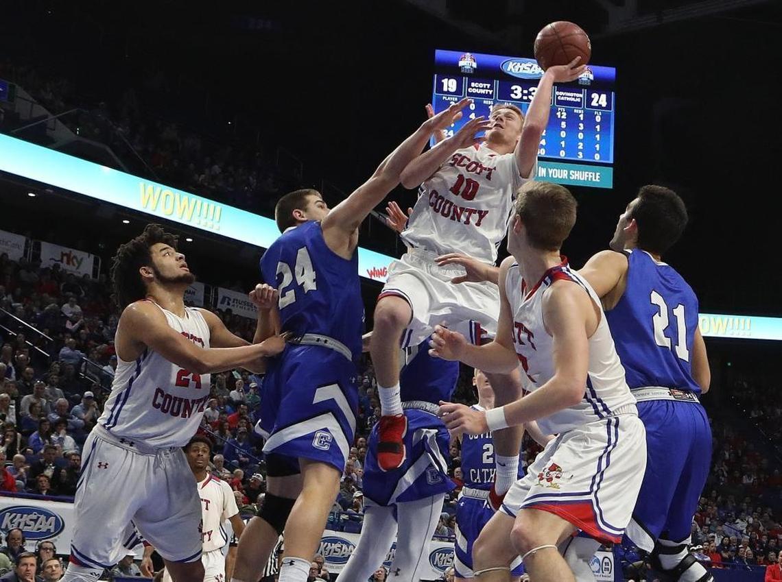 Scott County's Cooper Robb shot Sunday against Covington Catholic in the championship game of the 2018 Whitaker Bank KHSAA Sweet 16 basketball tournament at Rupp Arena.