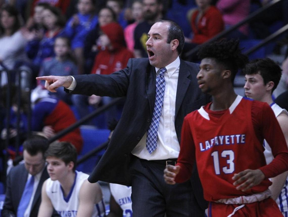 Lexington Christian head coach Nate Valentine while playing against Lafayette during the boys' 43rd district championship at Lexington Christian.