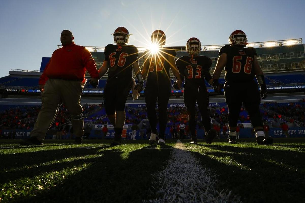 Raceland takes the field for the Class A Russell Athletic KHSAA Commonwealth Gridiron Bowl championship game against Beechwood at Kroger Field in Lexington, Ky., Friday. Dec.1, 2017. Beechwood beat Raceland 41-0.
