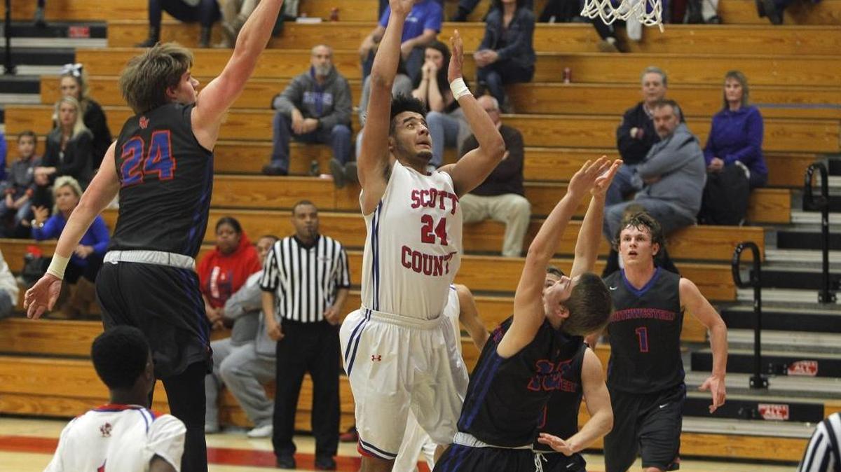 Scott County's Michael Moreno shoots against Southwestern during the Jock Sutherland Classic at Lafayette High School in Lexington, Ky., Saturday, February 4, 2017.