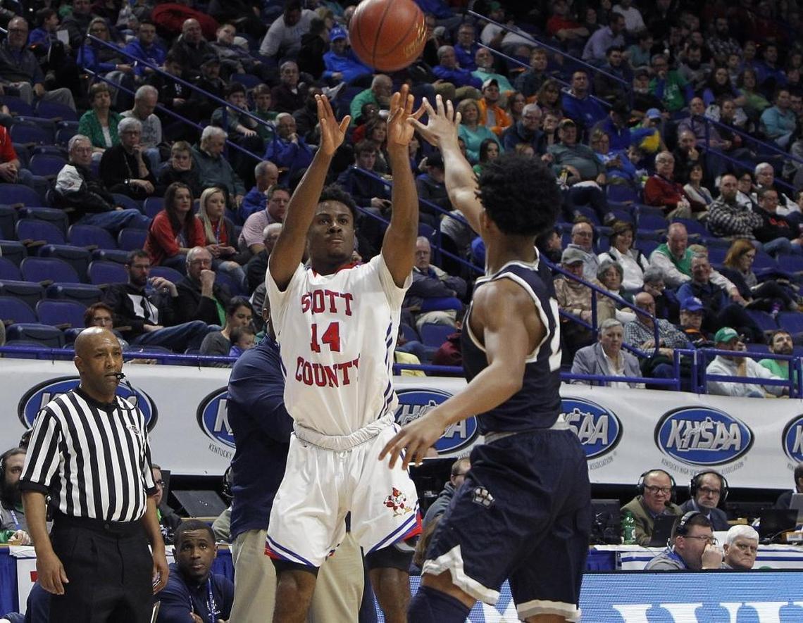 Scott County's Glenn Covington shot Saturday evening against Warren Central in the semifinals of the KHSAA Sweet 16 basketball tournament.
