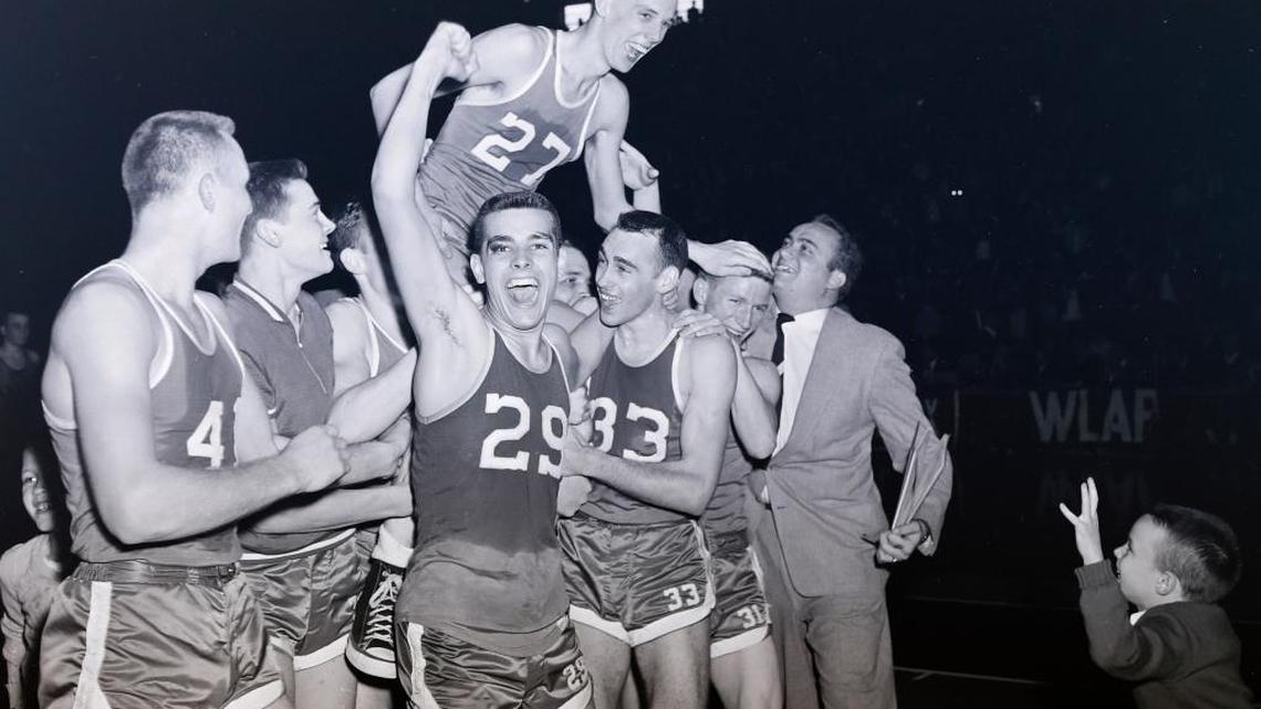 Carr Creek guard Freddie Maggard was given a hero's ride after hitting a field goal with four seconds left to beat Wayland, 68-67, in the semi-finals of the Kentucky State High School Basketball Tournament March 17, 1956 at Memorial Coliseum in Lexington. Maggard also hit a one-hander in the closing seconds to oust Central City in a overtime in first round action on March 15.