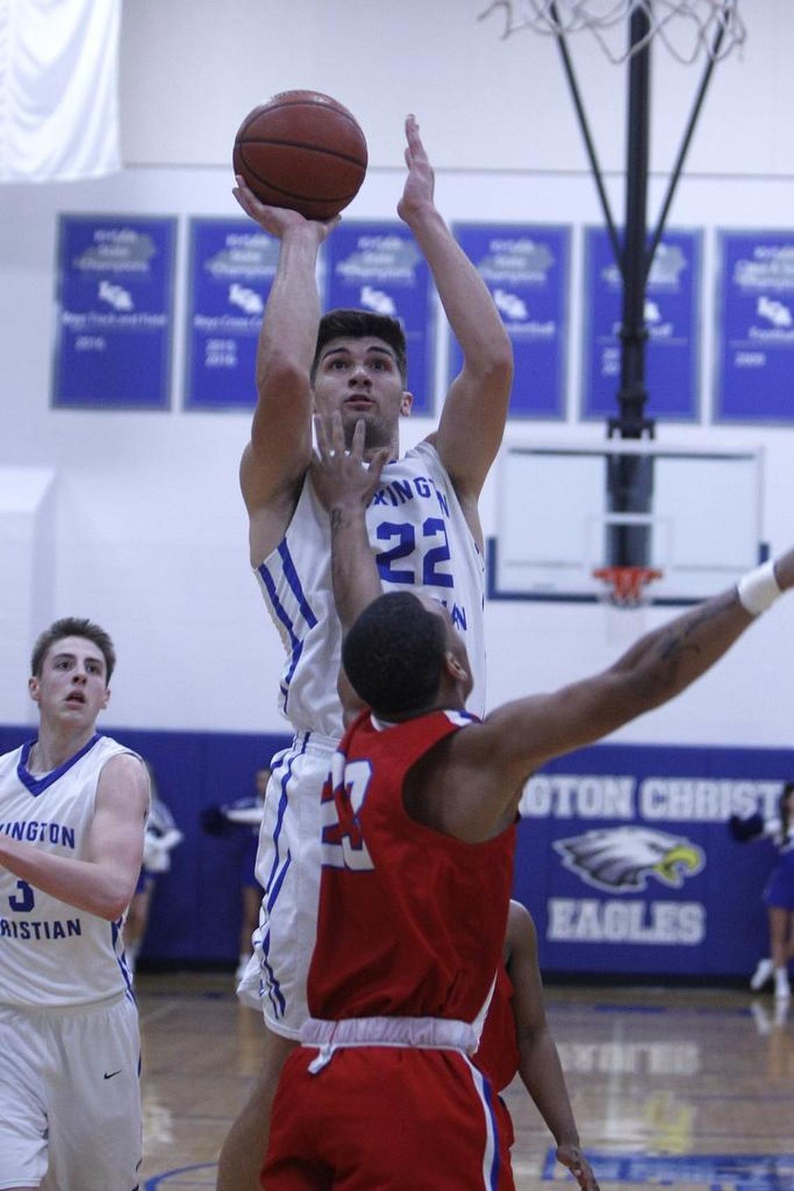 Lexington Christian's Kyle Rode shot against Lafayette during the boys' 43rd district championship at Lexington Christian.