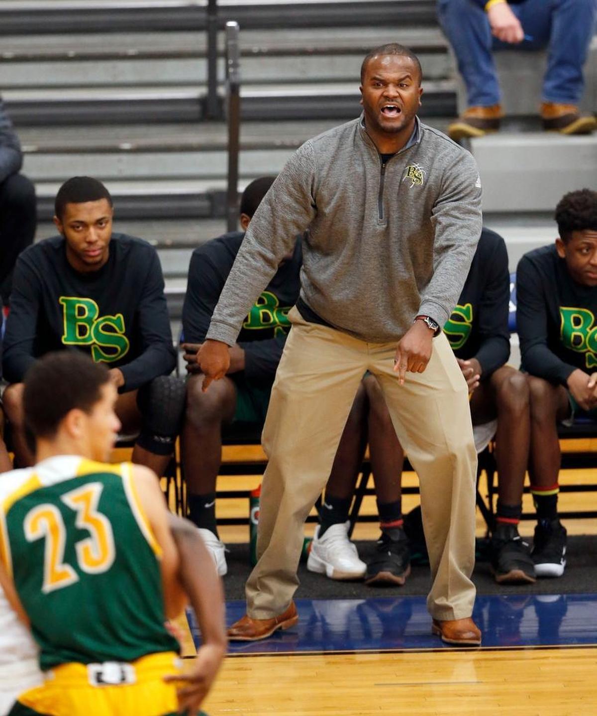 Bryan Station head coach Tommy Johnson in action as Bryan Station High School played University University Heights in theTraditional Bank Holiday Classic played at Lexington Catholic High School in Lexington Ky., Wednesday, December 27, 2017. Bryan Station won 82-69.