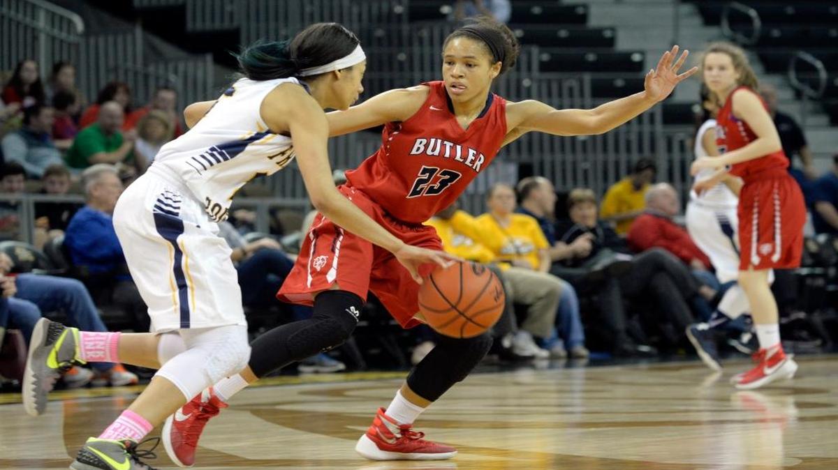 Butler’s Jaelynn Penn, right, guarded Franklin County’s Princess Stewart during the Girls’ Sweet Sixteen championship game on March 13 in Highland Heights.