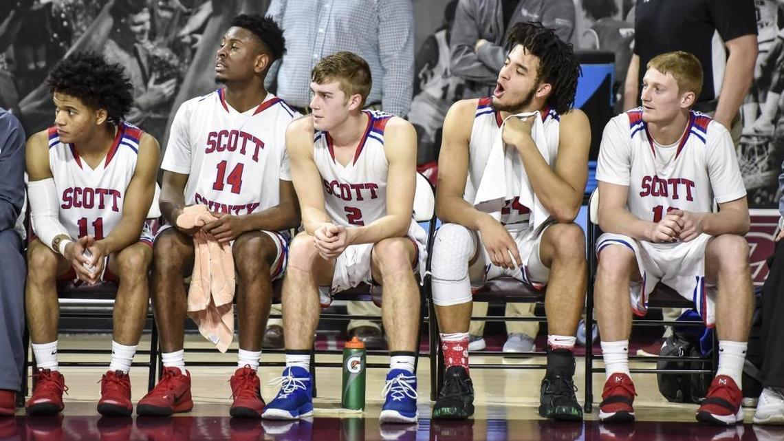 The Scott County starters didn't play any in the second half against Madison Southern, after taking an 80-22 lead into halftime, during the first round of the 11th Region tournament, Thursday night, March 1, 2018, at EKU's McBrayer Arena in Richmond.