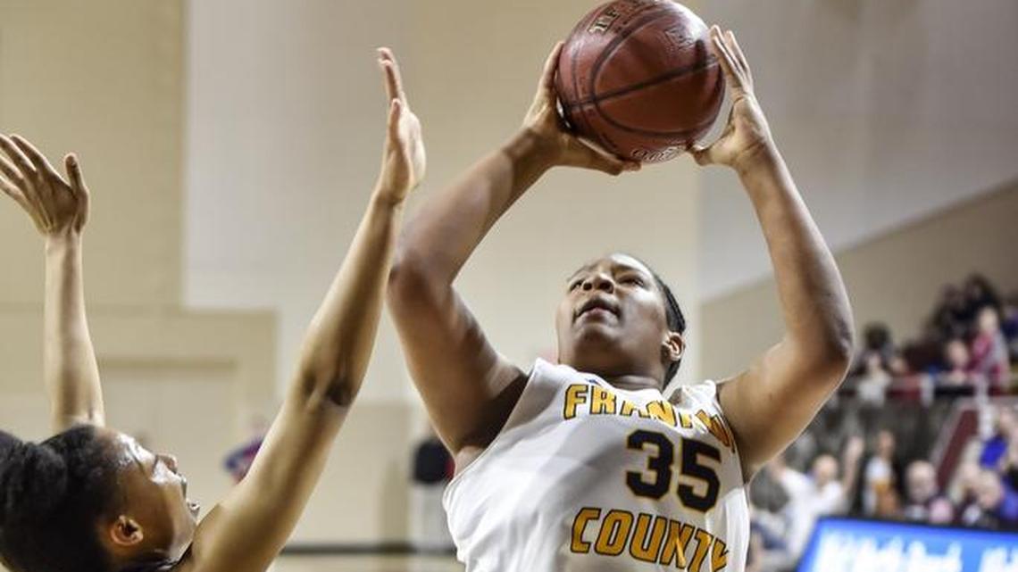 Franklin County's Patience Laster (35) hit the game winning shot against Lafayette with under 10 seconds to play during the semi finals of the 11th Region tournament on Friday, March 2, 2018, at EKU's McBrayer Arena in Richmond.