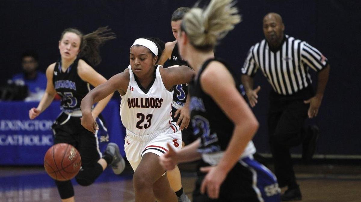 Paul Laurence Dunbar's Mashayla Cecil dribbles against Simon Kenton in the Traditional Bank Holiday Classic in the Bueter Gymnasium in Lexington, Ky., Tuesday, December 19, 2017.