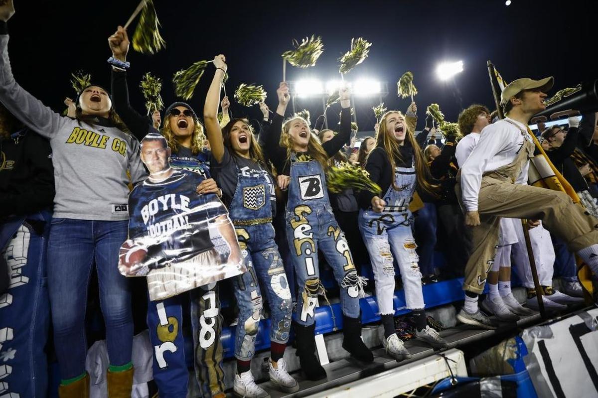 Boyle County fans cheer during the Class 3A Russell Athletic/KHSAA Commonwealth Gridiron Bowl championship game against Corbin at Kroger Field in Lexington, Ky., Friday. Dec.1, 2017.