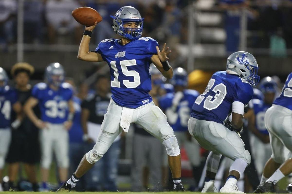 Danville Admirals quarterback Zach Thornton #15 throws a pass against the Boyle County Rebels at Danville Admirals Stadium in Danville, Ky., on Thursday, August 31, 2017.