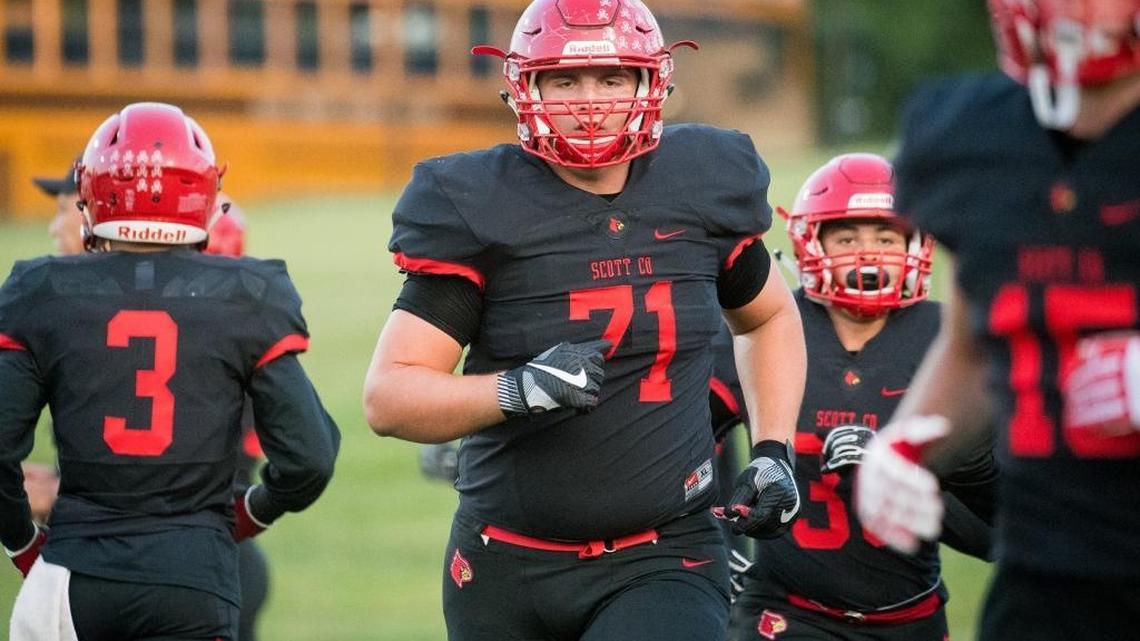 Bryan Hudson, 71 of Scott County comes off the field after a defensive series against Archbishop Moeller during the game at Toyota Stadium in Georgetown, Kentucky on September 8, 2017.