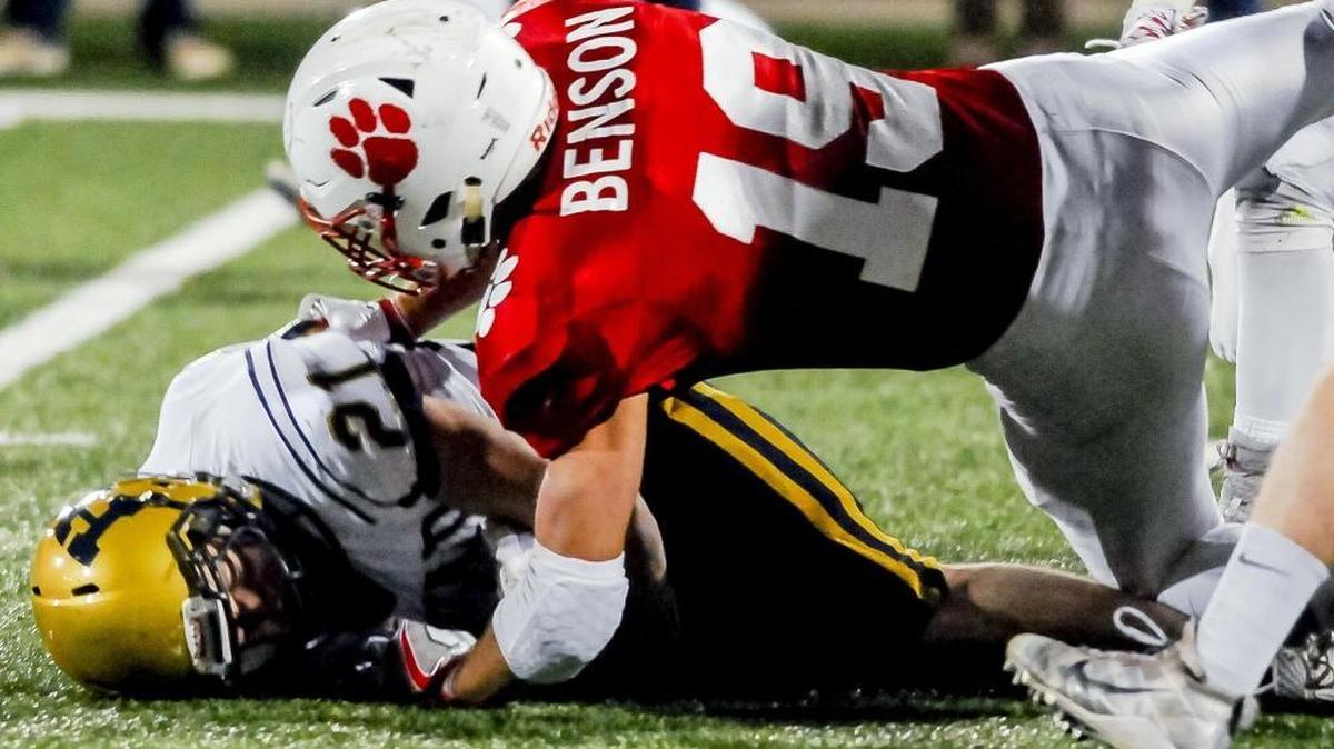 Beechwood's Lucas Benson (19) tackles Hazard's Reese Fletcher (21) during the Class 1A state football championship game Friday, Dec. 2, 2016, in Bowling Green, Ky.