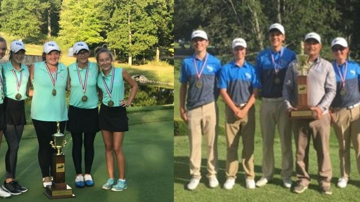 Left: Members of the Lexington Christian Academy girls’ golf team posed with their trophy after winning the girls’ All “A” Classic golf state tournament at Woodson Bend Resort in Bronston, Ky., on Saturday, Sept. 9. Right: Members of the LCA boys’ golf team posed with their trophy after winning the boys’ All “A” Classic golf championship at Eagle’s Nest Country Club in Somerset, Ky., on the same day.