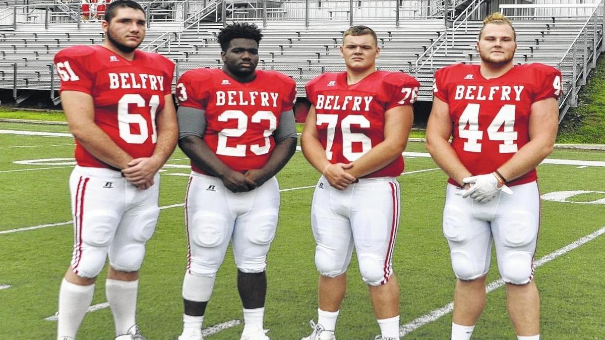 Belfry linemen Austin Dotson (left), Rayquan Horton (23), Jordan Scott (76) and Cole Bentley all have been recruited by Division I schools. Dotson and Bentley have committed to Kentucky and Louisville, respectively. Horton and Scott are still thinking over their futures.