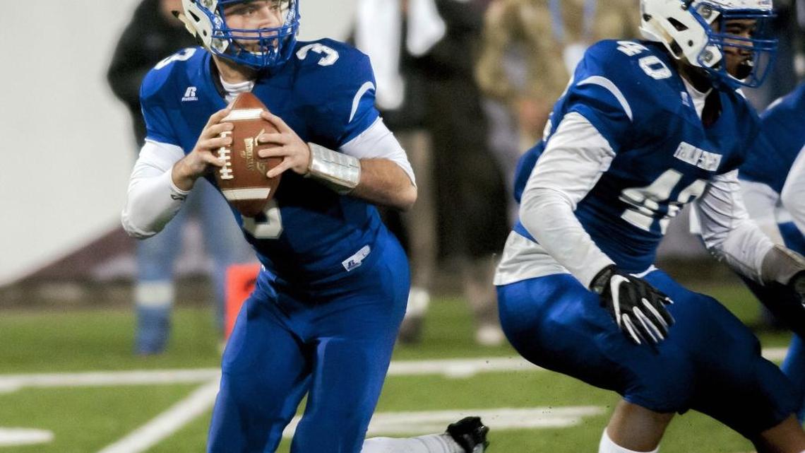 Franklin-Simpson's Jackson Caudill (3) drops back to pass in a play against Johnson Central in the KHSAA Class 4A high school football state championship in Bowling Green, Ky., Sunday, Dec. 4, 2016. Johnson Central won, 48-0.