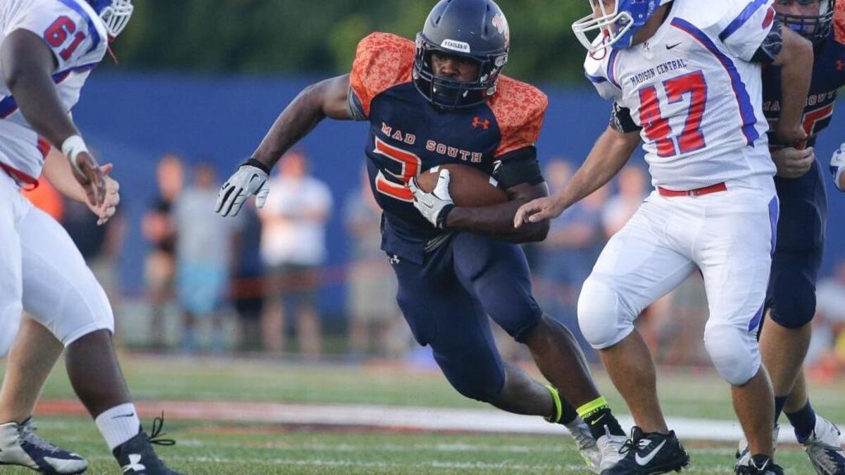 Damien Harris, pictured during a game against Madison Central on Friday September 5, 2014 in Berea, Ky., helped put Madison Southern on the map before going on to star at the University of Alabama. The Eagles have won two district titles since Harris graduated.