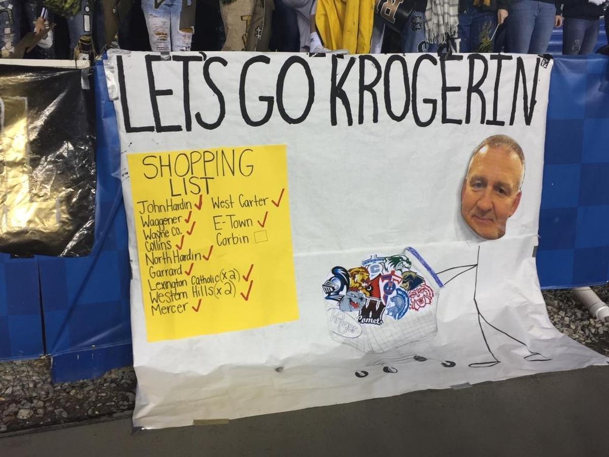 One of the signs brought by the Boyle County student section to the Class 3A Russell Athletic/KHSAA Commonwealth Gridiron Bowl championship game at Kroger Field in Lexington, Ky., on Friday, December 1, 2017.
