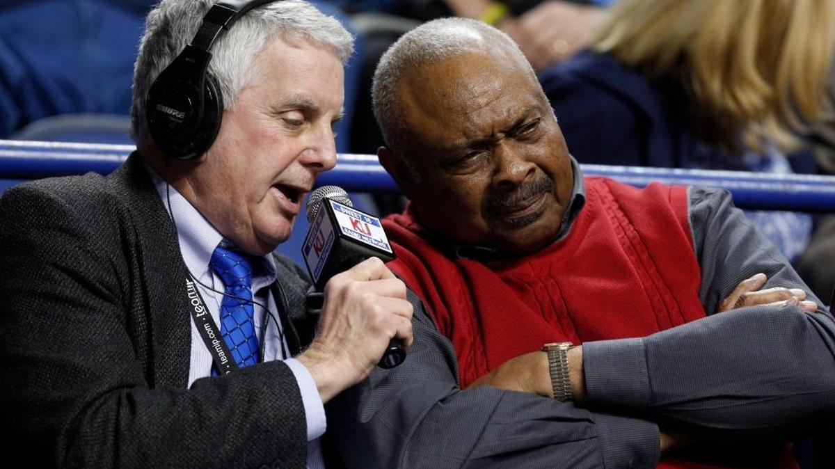 Taylor County alumnus Clem Haskins, right, is interviewed by Radio Personality Carl Nathe during a time of of the Taylor County, Hopkinsville of the 2015 KHSAA Boy's Sweet 16 Tournament, Wednesday, March 18, 2015 at Rupp Arena in Lexington.