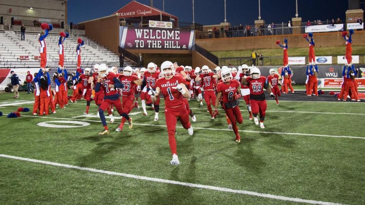 Lafayette's Mason Alstatt (1) led the team on the field. Lafayette lost 41-14 to Male in the 6A State Championship on Saturday Dec. 5, 2015 in Bowling Green, Ky.