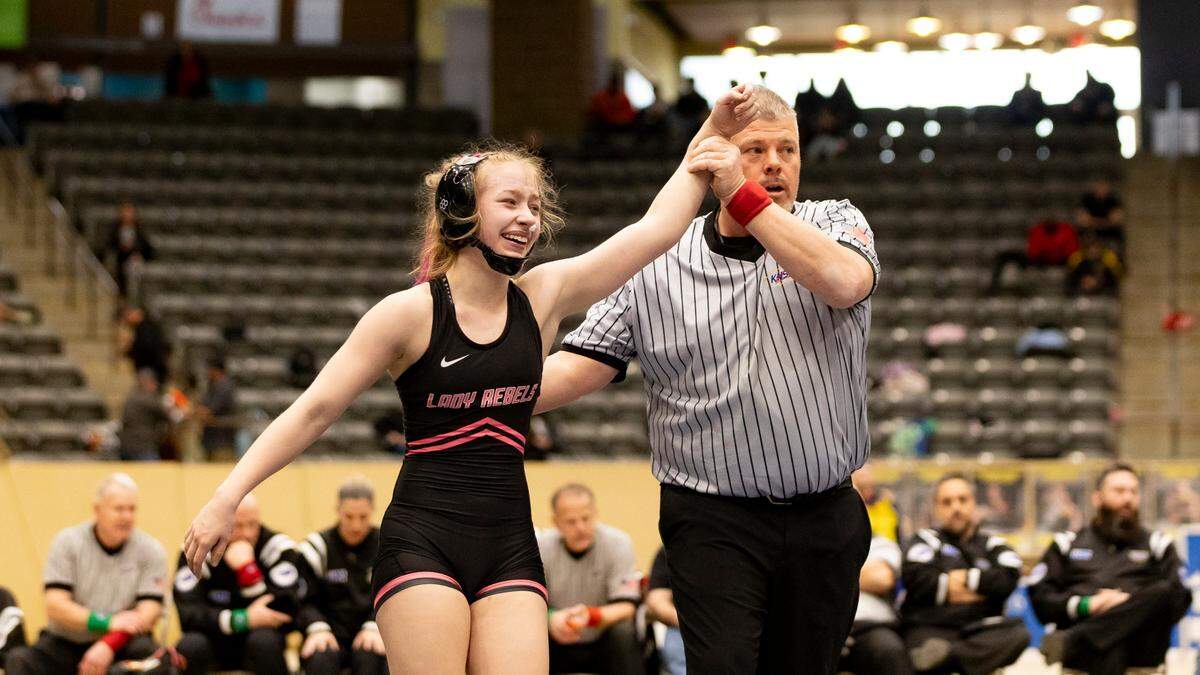Boyle County freshman Lyla Smith defends her title in the 114 class of the 2025 KHSAA Girls State Wrestling Championships at Alltech Arena on Thursday.