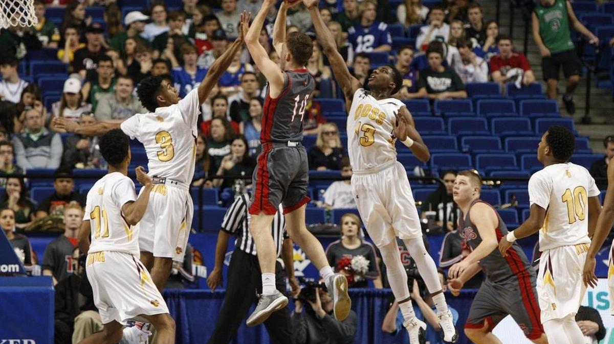 Taylor County's Dylan Gaines shoots against Doss in the quarterfinals of the Whitaker Bank/KHSAA Sweet 16 boys' state basketball championship in Lexington, Ky., Friday, March 18, 2016.