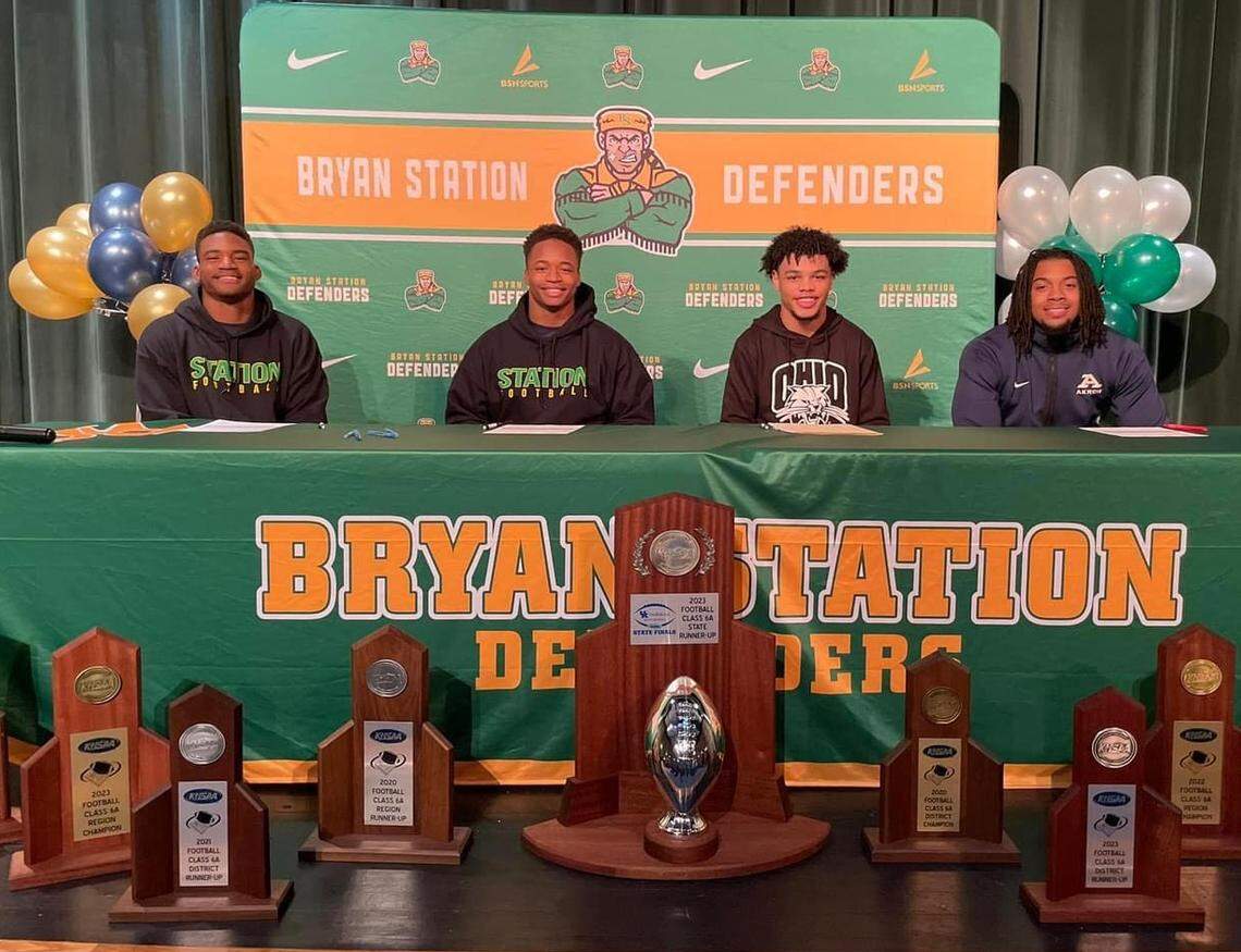 Bryan Station High School football seniors Jahvon Frazier, Dahvon Frazier, J.T. Haskins Jr. and Jason Hocker signed their national letters of intent for their respective colleges during a signing ceremony at the school. Haskins signed with Ohio University. The others signed with Akron.