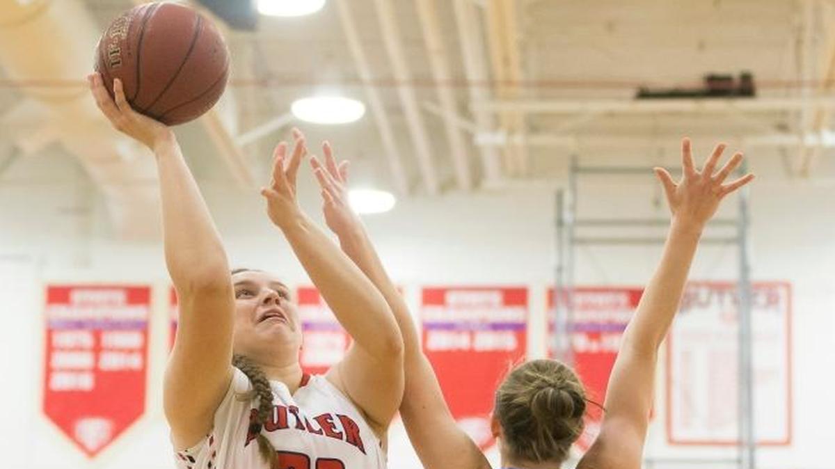 Butler center Molly Lockhart shot over Mercer County forward Emma Souder earlier this year. Lockhart had a double-double with 18 points and 11 rebounds in Butler’s win over Mercy in the 6th Region semifinals on Wednesday.