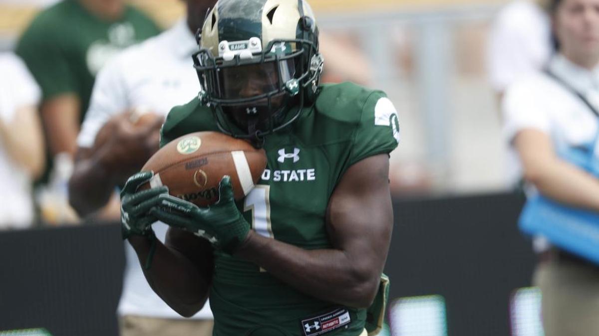 Colorado State Rams running back Dalyn Dawkins (1) warms up before the first half of an NCAA college football game against the on Saturday, Aug. 26, 2017, in Fort Collins, Colo.