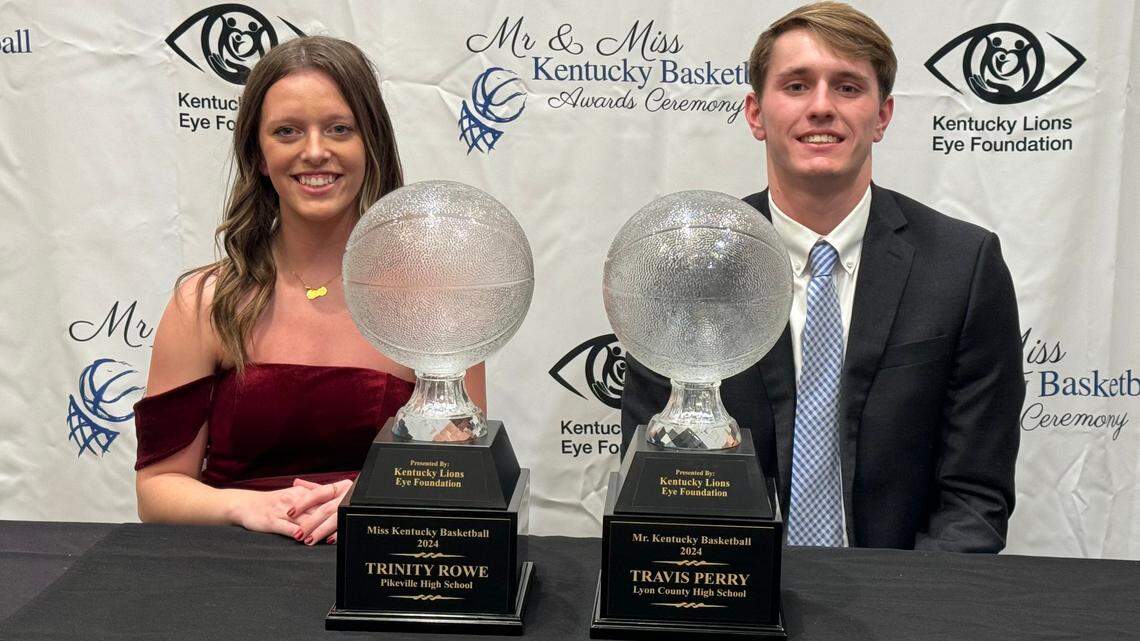Pikeville’s Trinity Rowe, right, and Lyon County’s Travis Perry were named Miss and Mr. Kentucky Basketball, respectively, during an awards ceremony Sunday evening at Lexington’s Marriott Griffin Gate Resort.