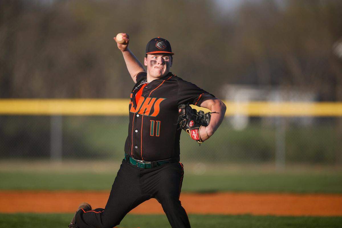 Frederick Douglass Thomas Howard (11) pitched against Sayre during the Broncos’ 3-1 win at Sayre’s Athletic Complex on April 11, 2023.