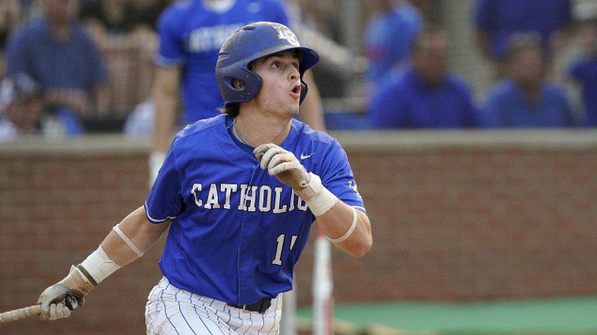 Lexington Catholic’s Griffin Cameron watches the flight of his home run in the sixth inning against Great Crossing that tied their 11th Region baseball tournament championship game 1-1 at Madison Central High School on Wednesday night.