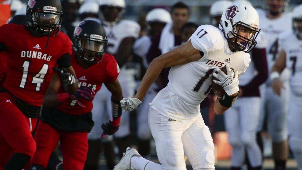 Tates Creeks Jackson Beerman put Creek on the board first with a 44 yd touchdown reception as Dunbar played Tates Creek on Friday September 2, 2016 in Lexington, Ky.