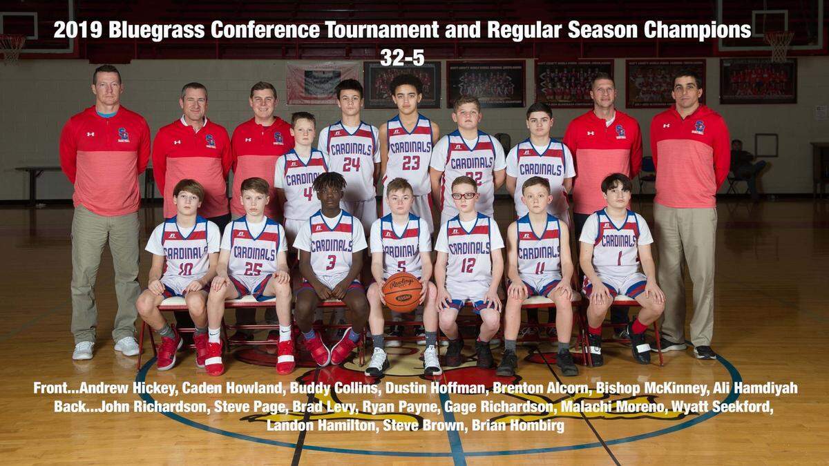 Scott County Middle School’s sixth-grade basketball team included head coach Steve Page, second from left in back row, and a few players who would become a big part of Page’s Great Crossing High School team, including Ryan Payne, Gage Richardson and Malachi Moreno.