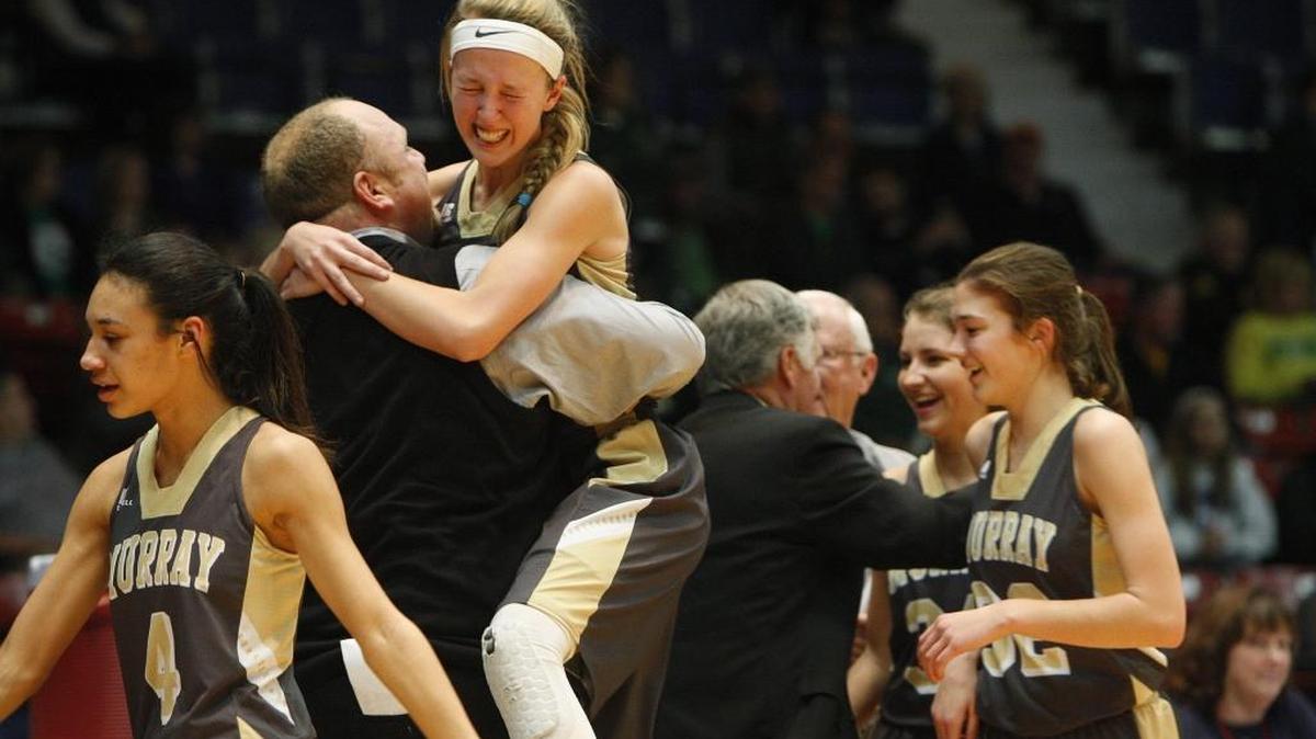 Murray assistant coach Jay Stark celebrated the win with Maddie Waldrop after the championship game of the girls’ All “A” Classic at the Frankfort Convention Center on Sunday.